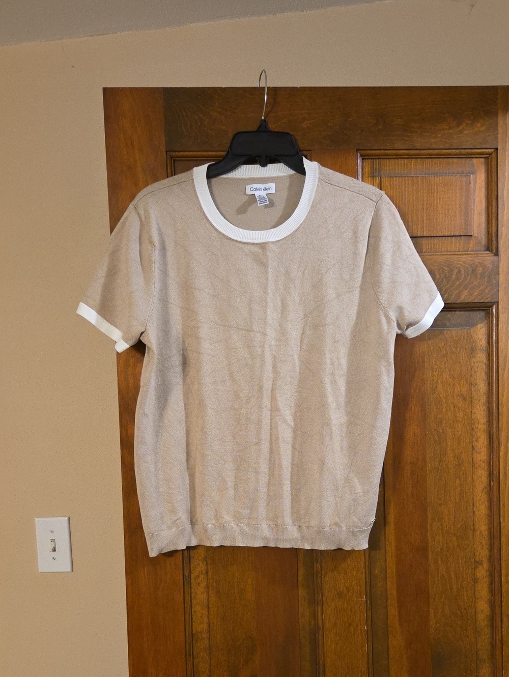 Calvin Klein Short-Sleeve Crewneck Sweater in Beige with White Trim